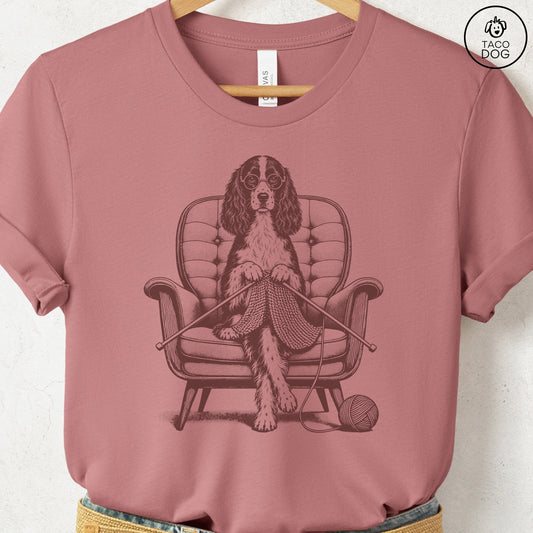 Springer Spaniel Knitting T-Shirt Heather Mauve Taco-Dog