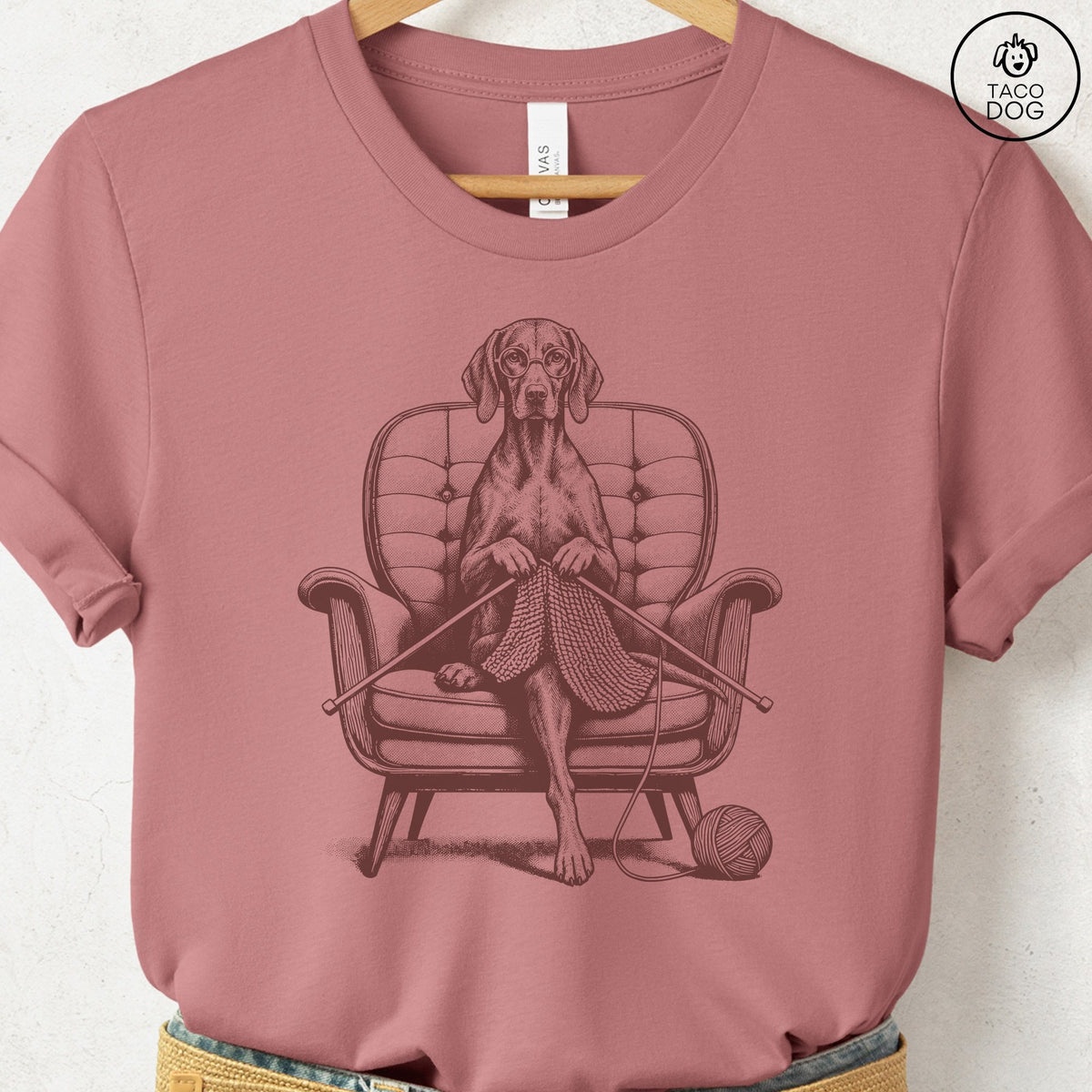 Vizsla Knitting T-Shirt Heather Mauve Taco-Dog