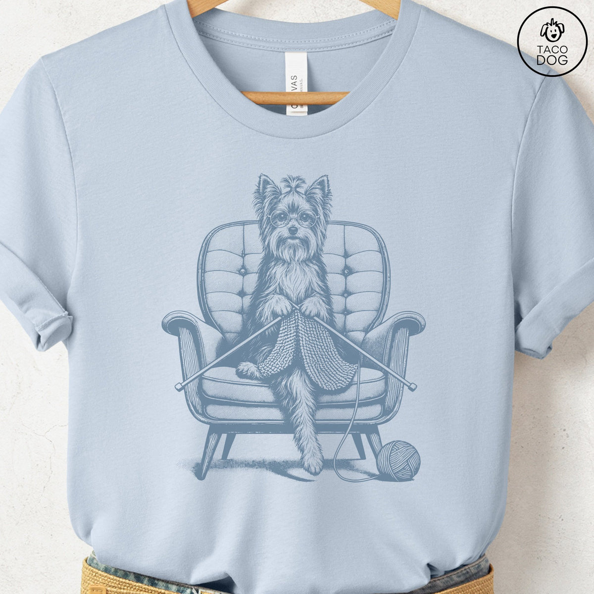 Yorkshire Terrier Yorkie Knitting T-Shirt Light Blue Taco-Dog