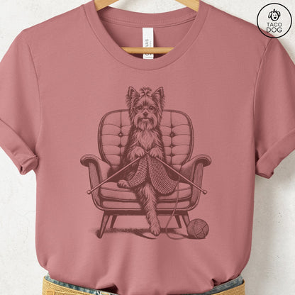Yorkshire Terrier Yorkie Knitting T-Shirt Heather Mauve Taco-Dog