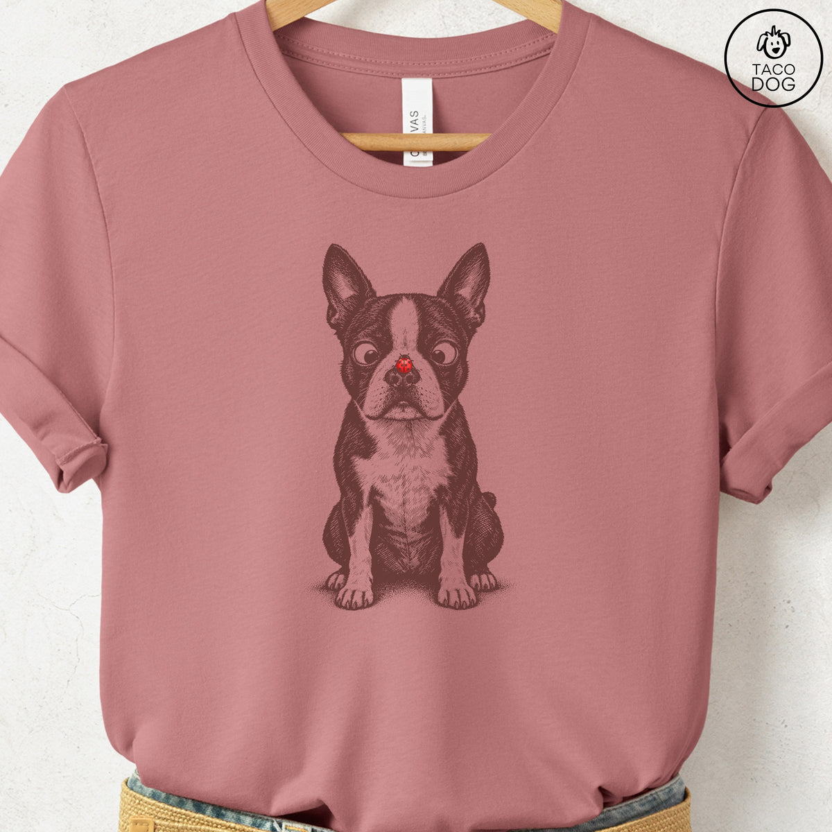 Boston Terrier Ladybug T-Shirt Heather Mauve Taco-Dog