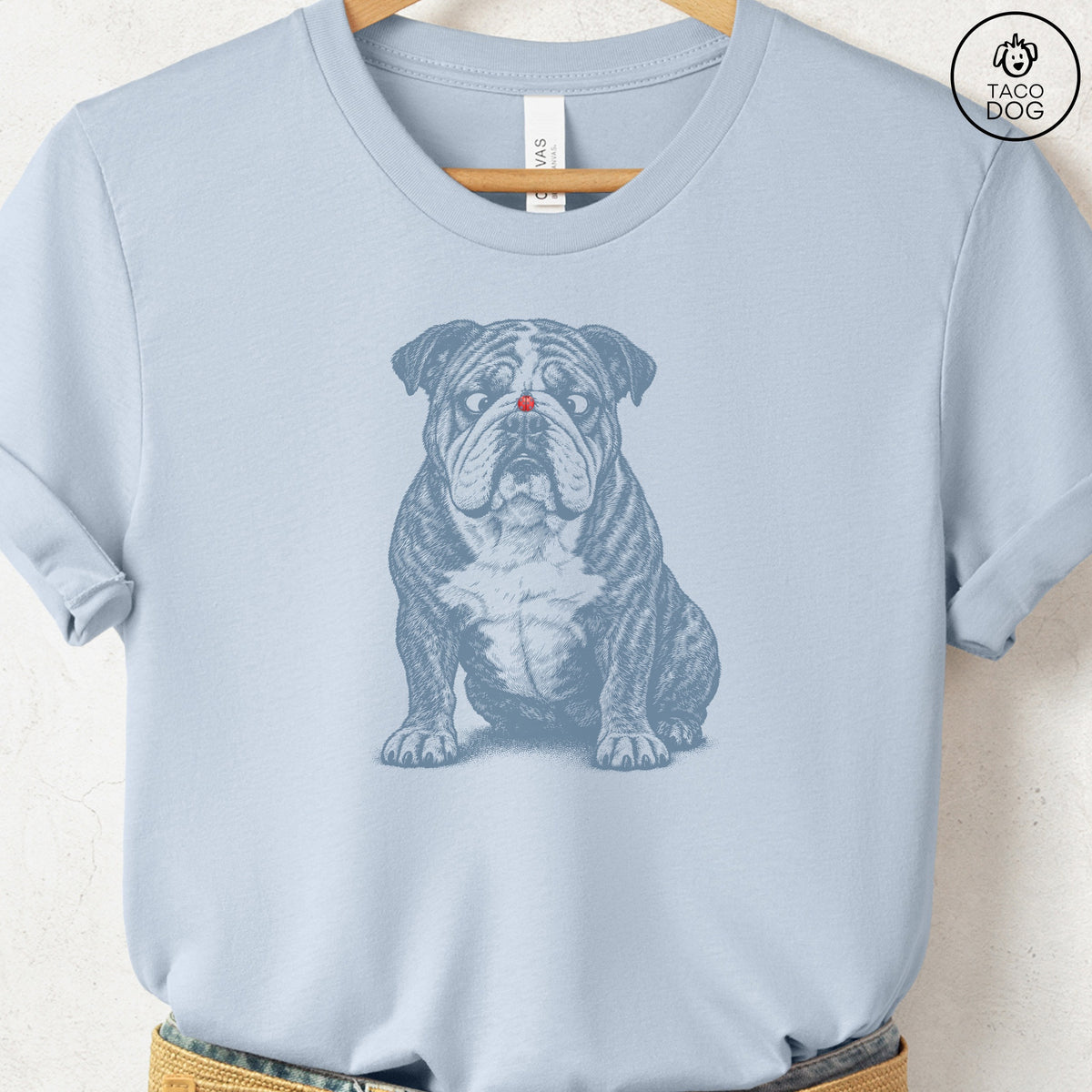 English Bulldog Ladybug T-Shirt Light Blue Taco-Dog