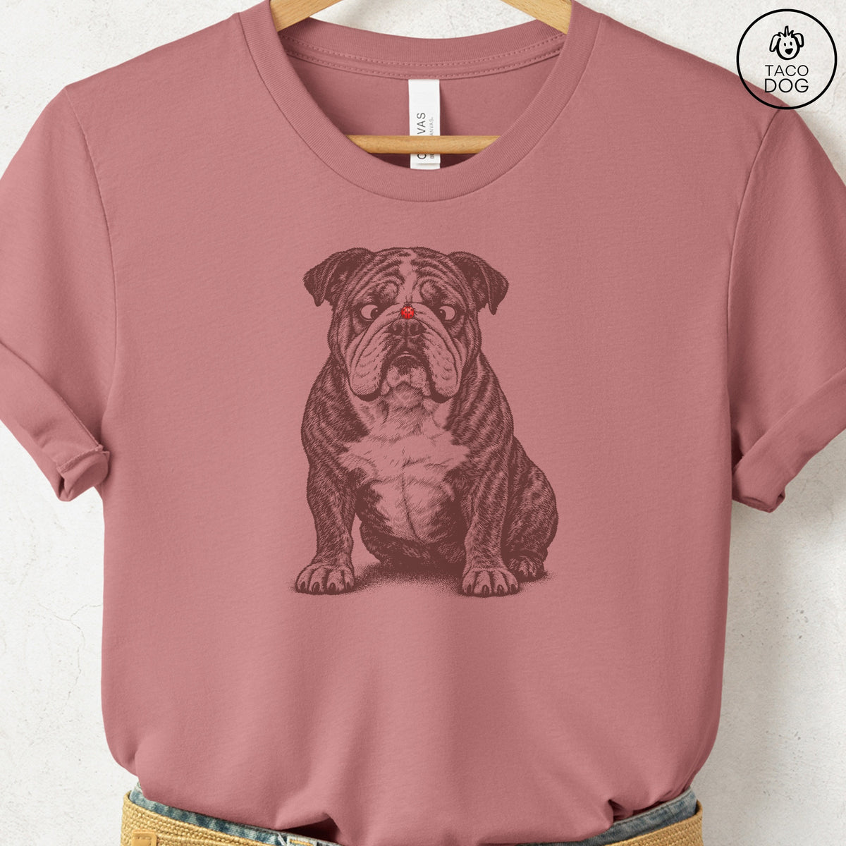 English Bulldog Ladybug T-Shirt Heather Mauve Taco-Dog