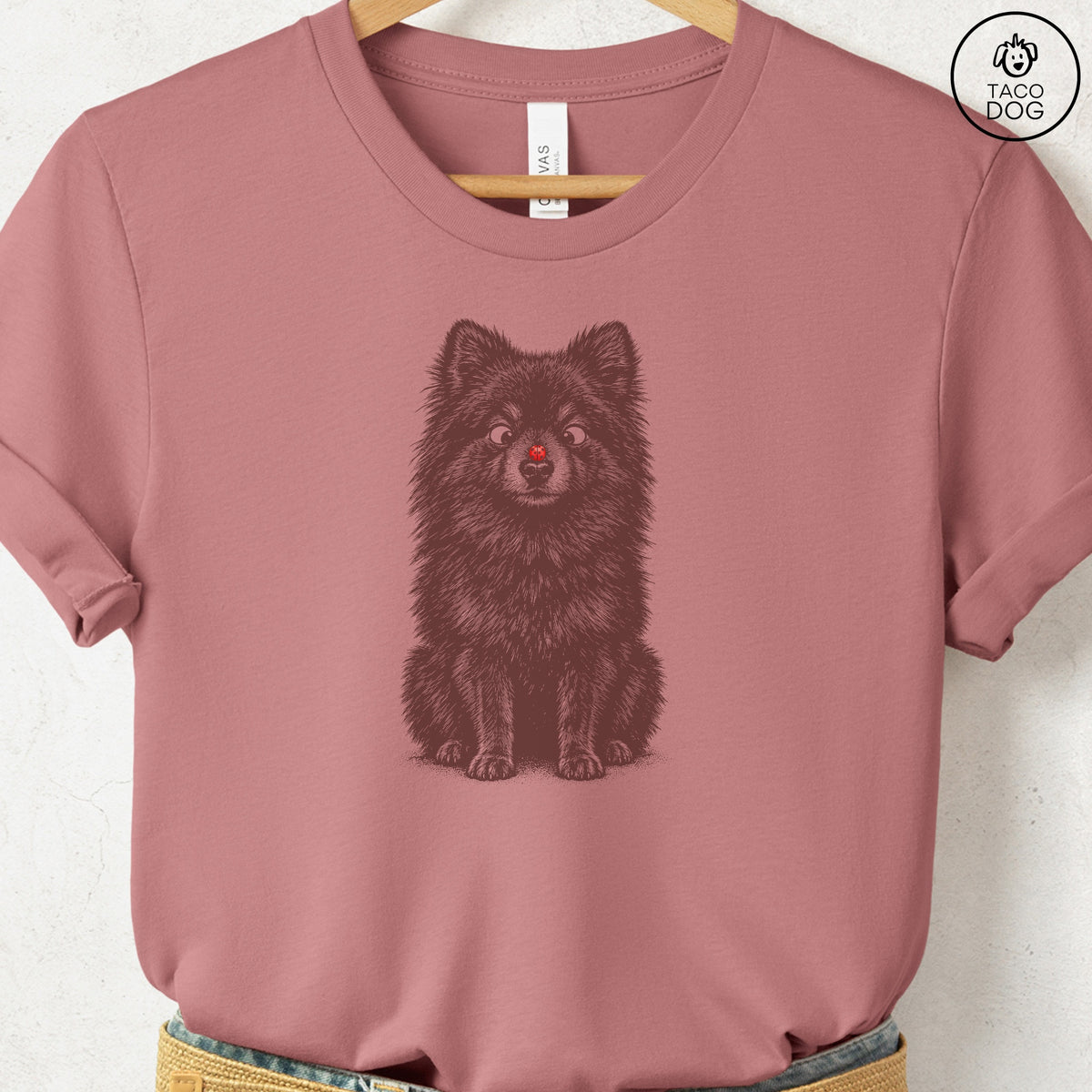Pomeranian Ladybug T-Shirt Heather Mauve Taco-Dog