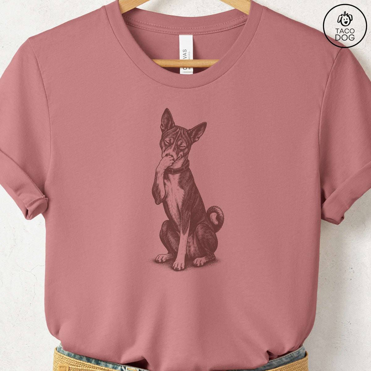 Basenji Laughing T-Shirt Heather Mauve Taco-Dog