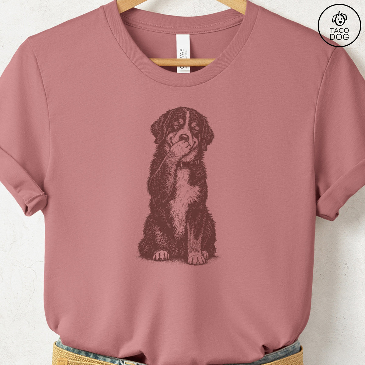 Bernese Mountain Dog Laughing T-Shirt Heather Mauve Taco-Dog