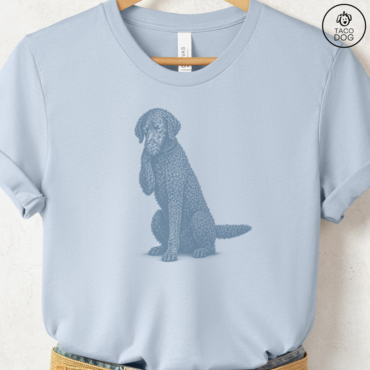 Curly-Coated Retriever Laughing T-Shirt Light Blue Taco-Dog