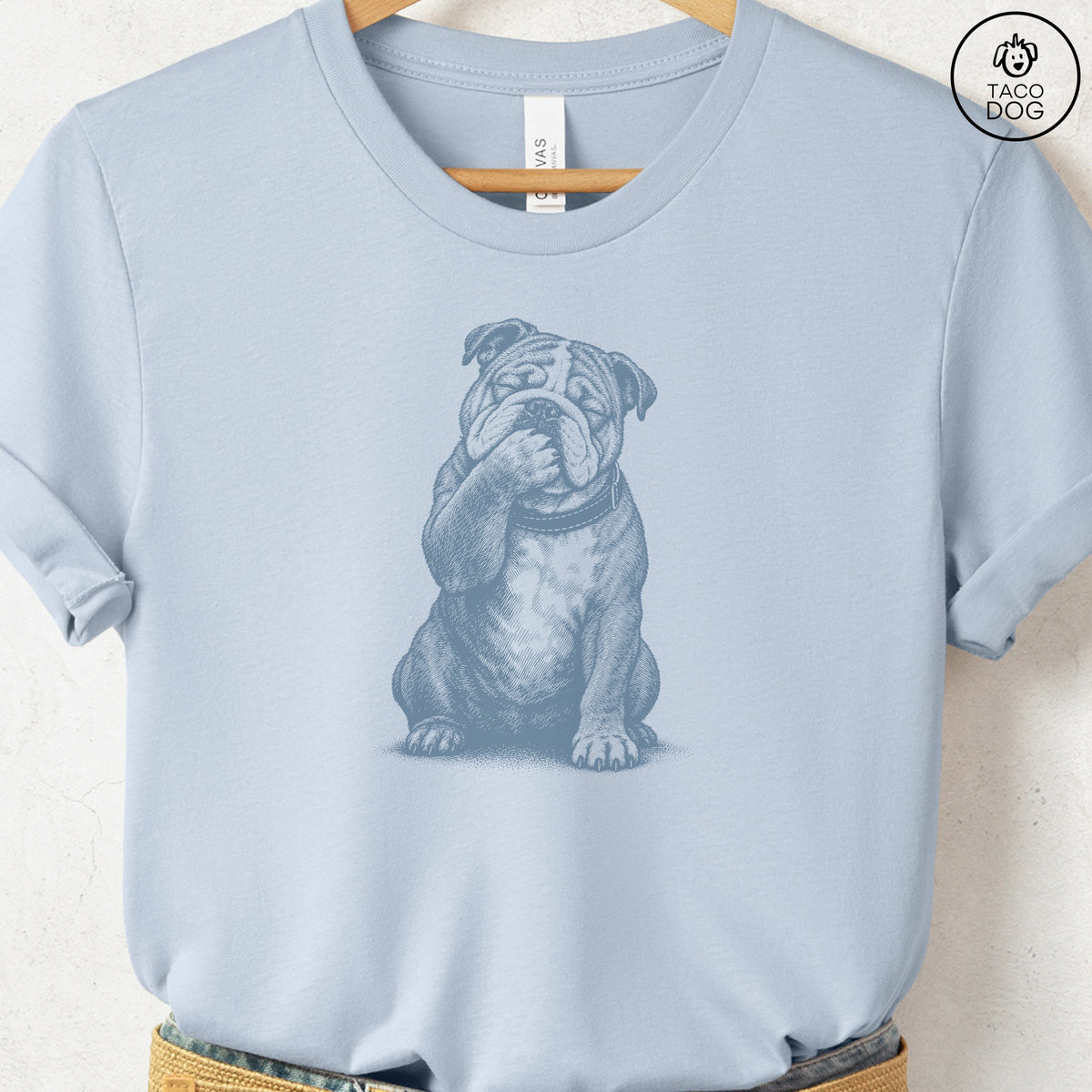 English Bulldog Laughing T-Shirt Light Blue Taco-Dog