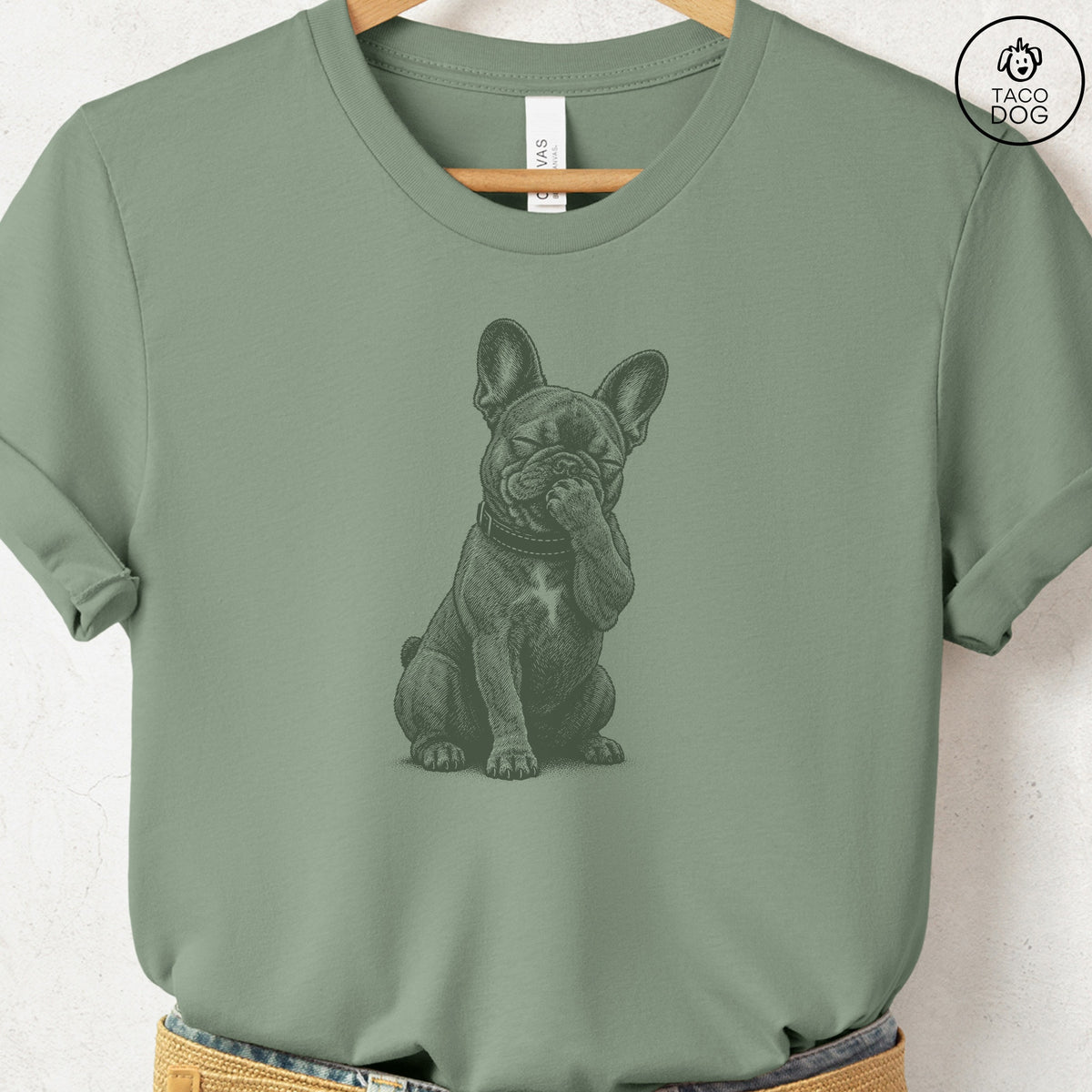 French Bulldog Frenchie Laughing T-Shirt Sage Taco-Dog