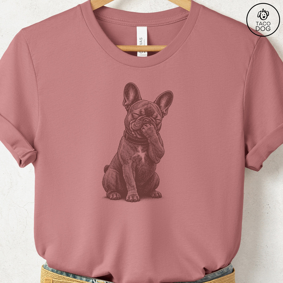 French Bulldog Frenchie Laughing T-Shirt Heather Mauve Taco-Dog