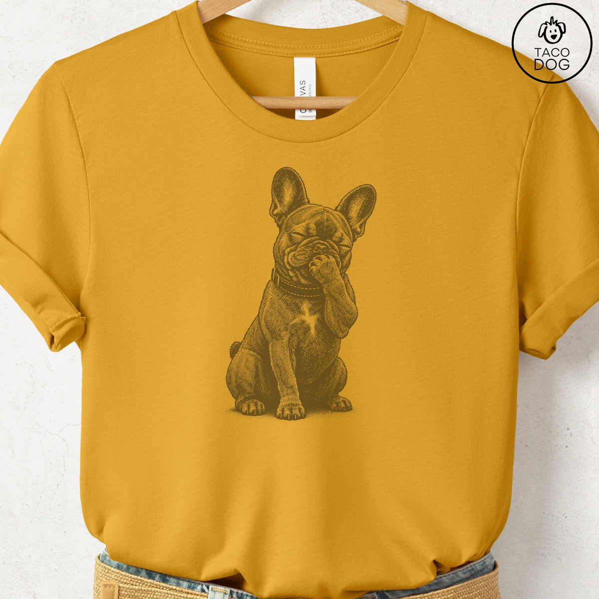 French Bulldog Frenchie Laughing T-Shirt, design close-up