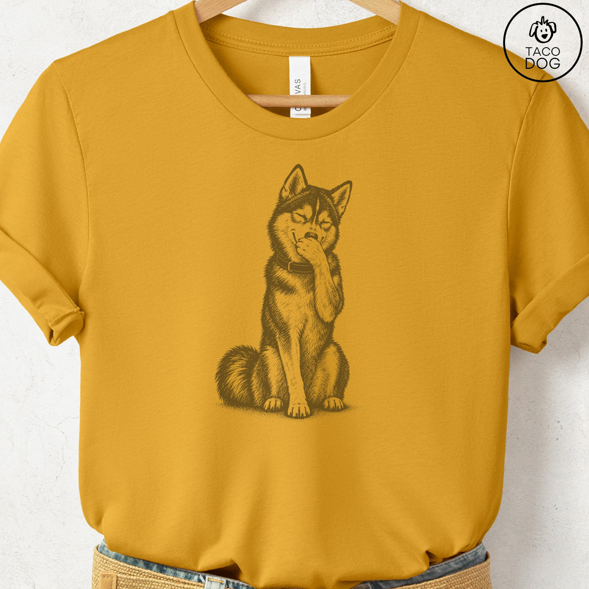 Husky Laughing T-Shirt Mustard Taco-Dog