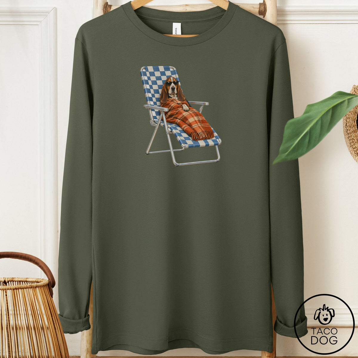 Basset Hound Layering Long Sleeve Tee Military Green Taco-Dog