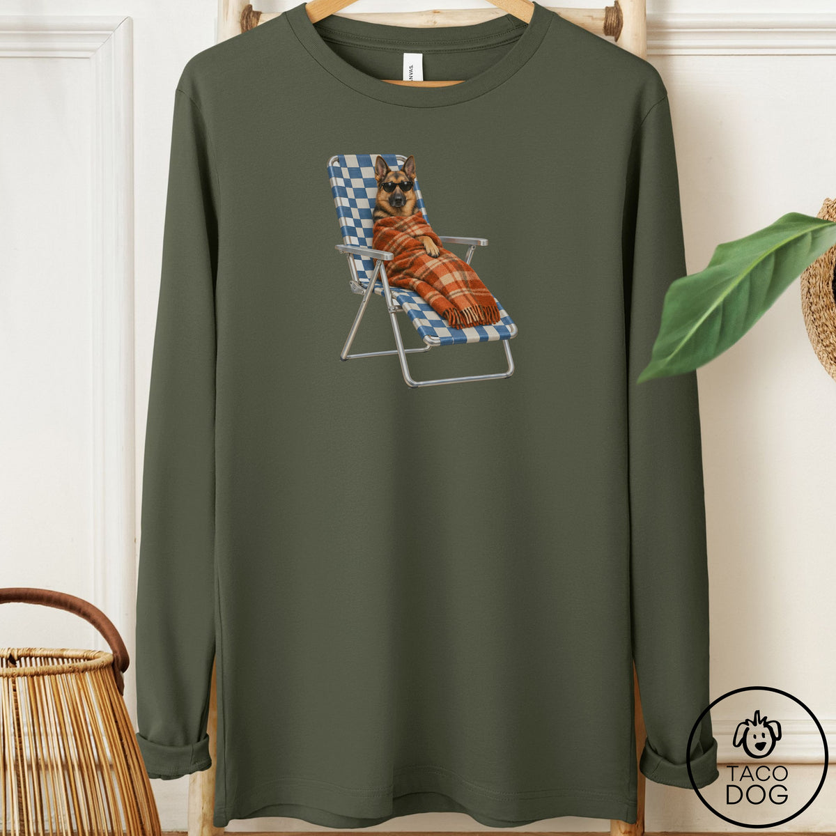 German Shepherd Layering Long Sleeve Tee Military Green Taco-Dog