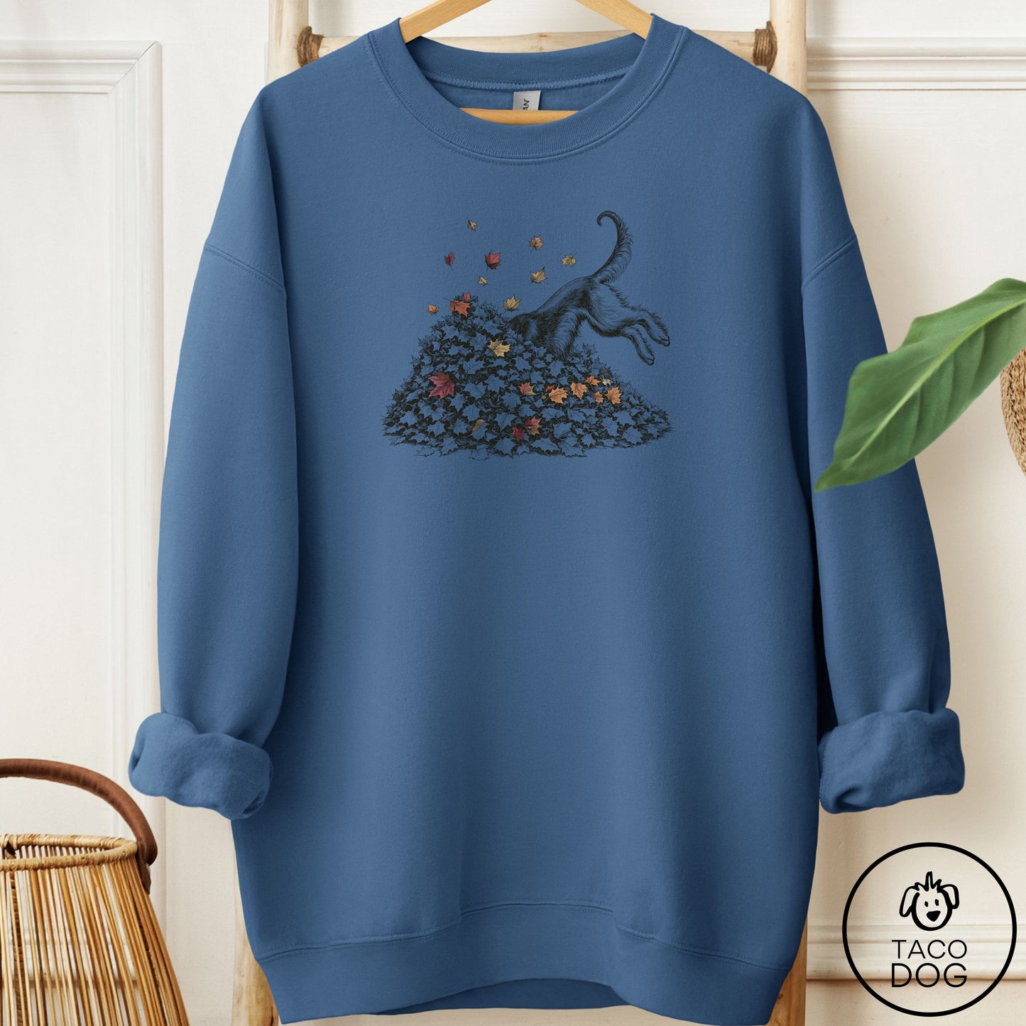 Afghan Hound Leaf Jump Sweatshirt Indigo Blue Taco-Dog