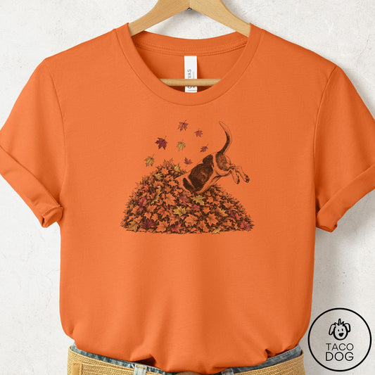 Basset Hound Leaf Jump T-Shirt Burnt Orange Taco-Dog
