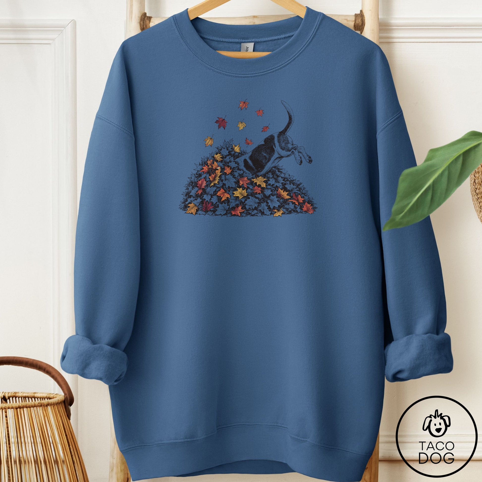Basset Hound Leaf Jump Sweatshirt Indigo Blue Taco-Dog