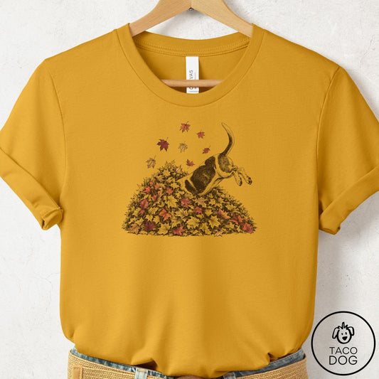 Basset Hound Leaf Jump T-Shirt Mustard Taco-Dog