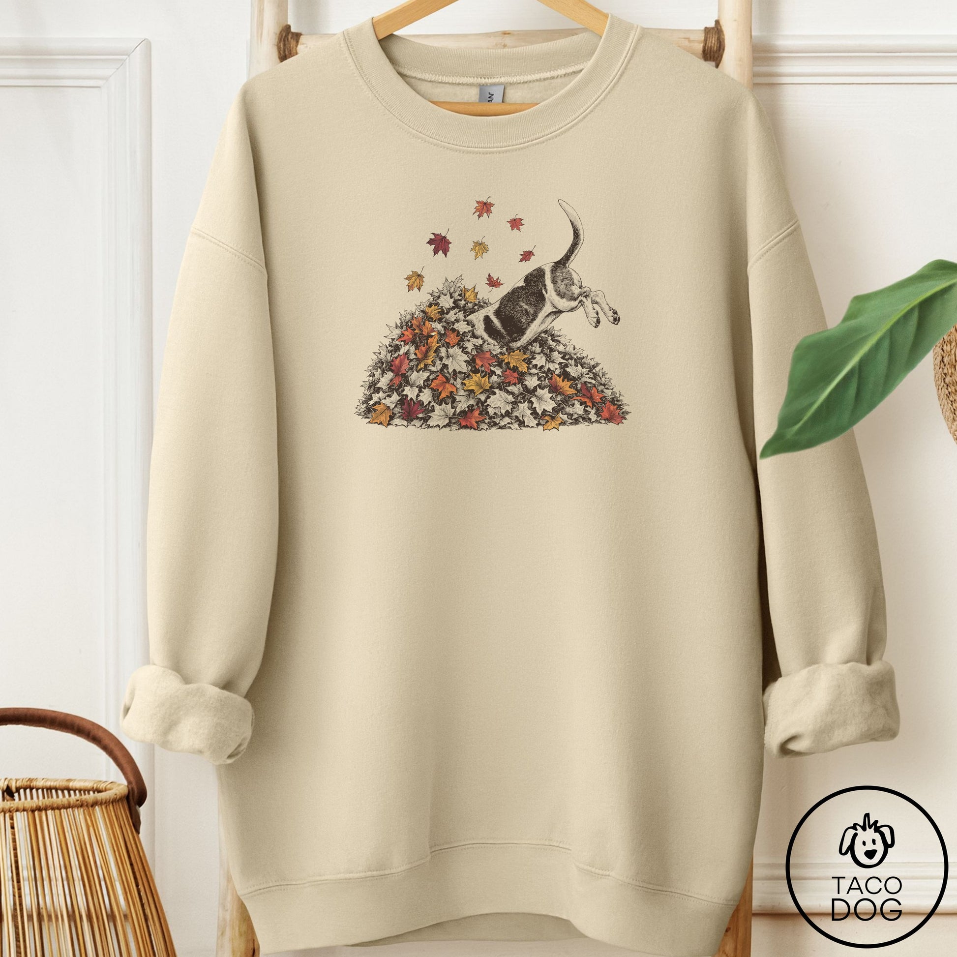Basset Hound Leaf Jump Sweatshirt Sand Taco-Dog