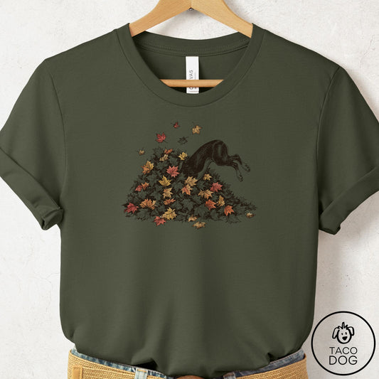 Boston Terrier Leaf Jump T-Shirt Military Green Taco-Dog
