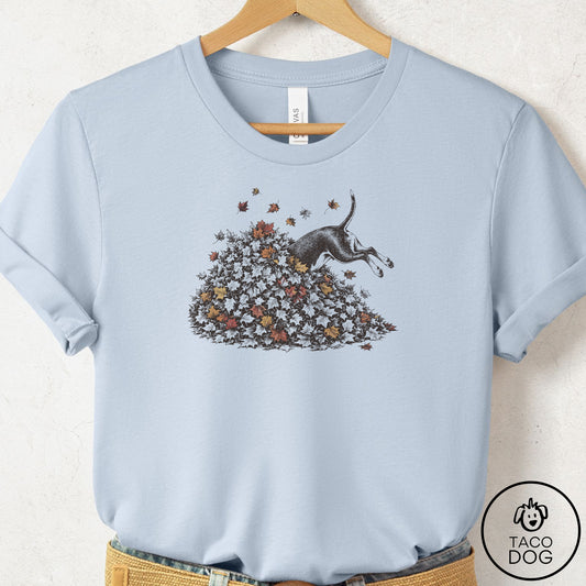 Bull Terrier Leaf Jump T-Shirt Light Blue Taco-Dog