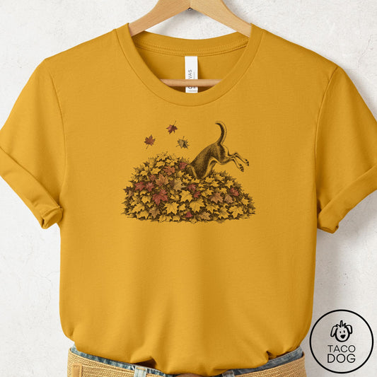 Chihuahua Leaf Jump T-Shirt Mustard Taco-Dog