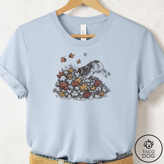 Corgi Leaf Jump T-Shirt Light Blue Taco-Dog