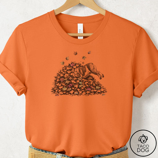 English Bulldog Leaf Jump T-Shirt Burnt Orange Taco-Dog