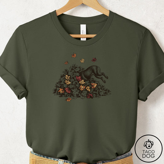 French Bulldog Frenchie Leaf Jump T-Shirt Military Green Taco-Dog