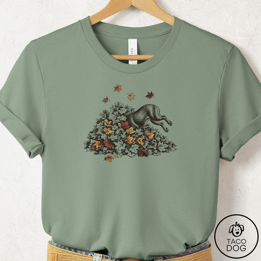 French Bulldog Frenchie Leaf Jump T-Shirt Sage Taco-Dog