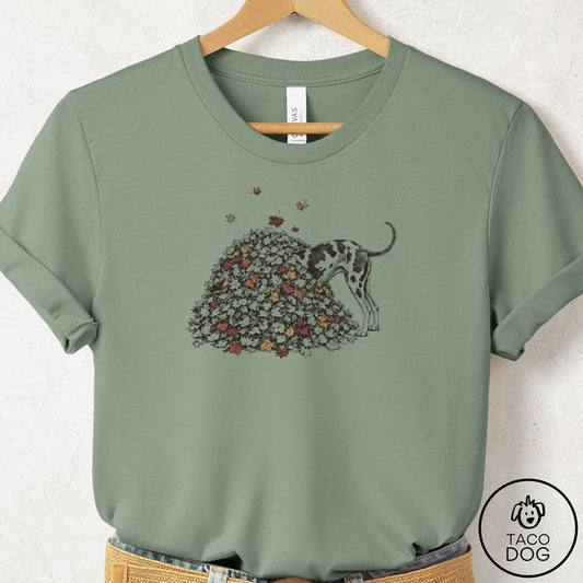 Great Dane Leaf Jump T-Shirt Sage Taco-Dog