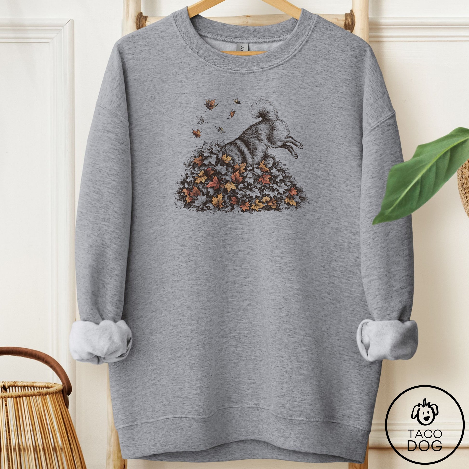 Pomeranian Leaf Jump Sweatshirt Graphite Heather Taco-Dog