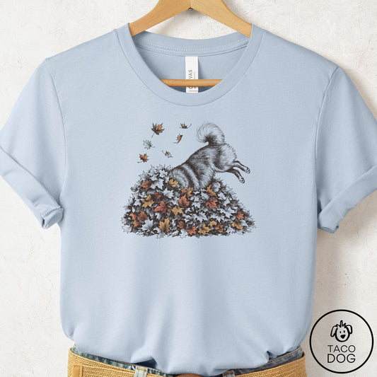 Pomeranian Leaf Jump T-Shirt Light Blue Taco-Dog
