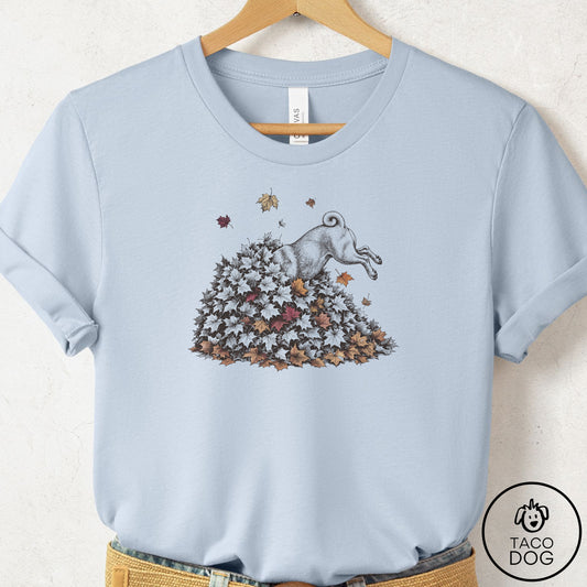 Pug Leaf Jump T-Shirt Light Blue Taco-Dog
