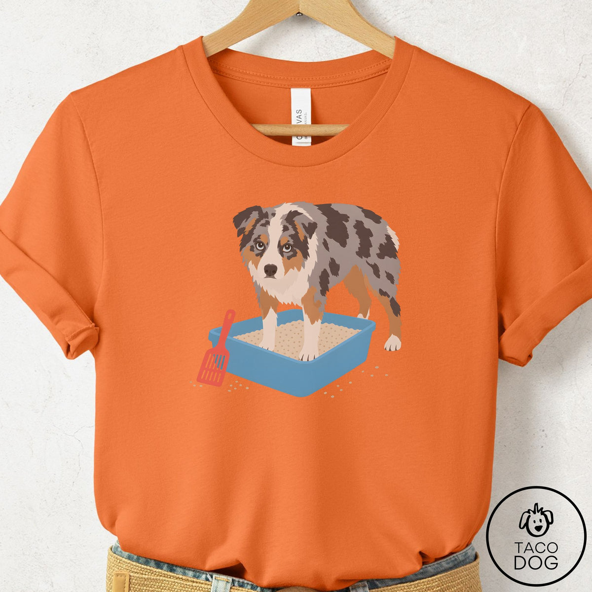 Australian Shepherd Litter Box T-Shirt Burnt Orange Taco-Dog