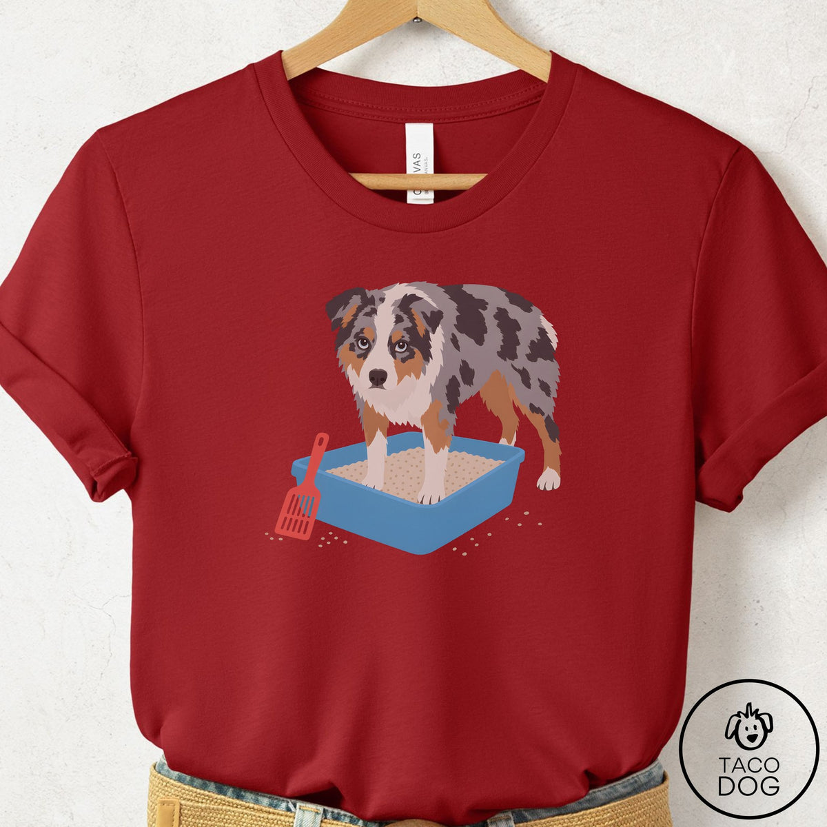 Australian Shepherd Litter Box T-Shirt Canvas Red Taco-Dog