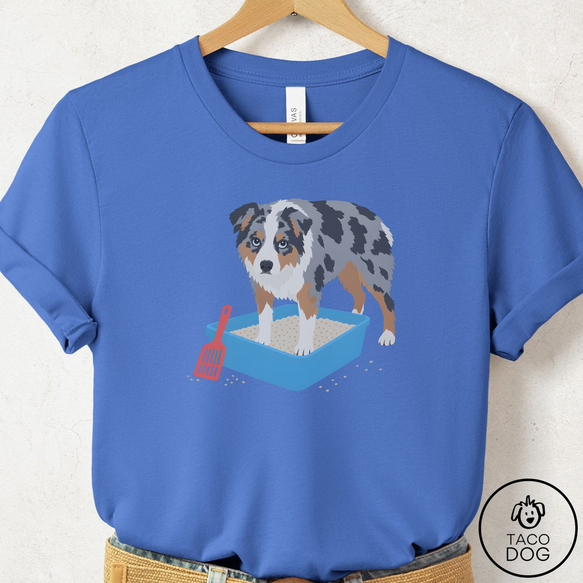 Australian Shepherd Litter Box T-Shirt Columbia Blue Taco-Dog