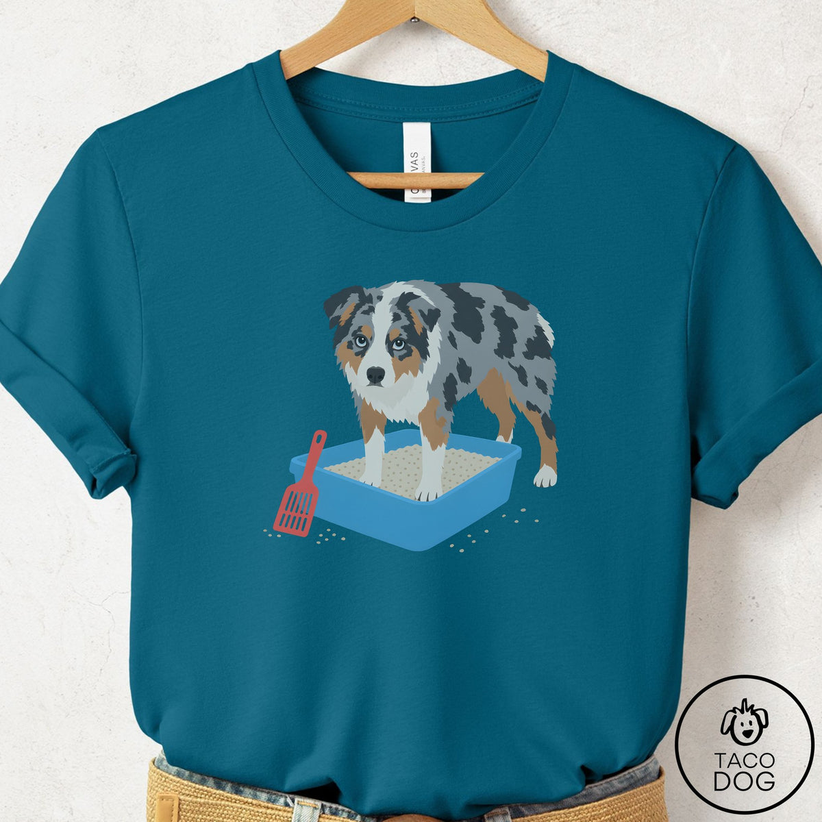 Australian Shepherd Litter Box T-Shirt Deep Teal Taco-Dog