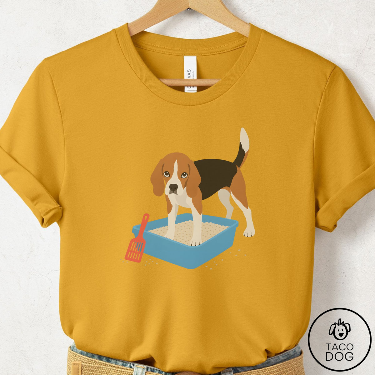 Beagle Litter Box T-Shirt Mustard Taco-Dog