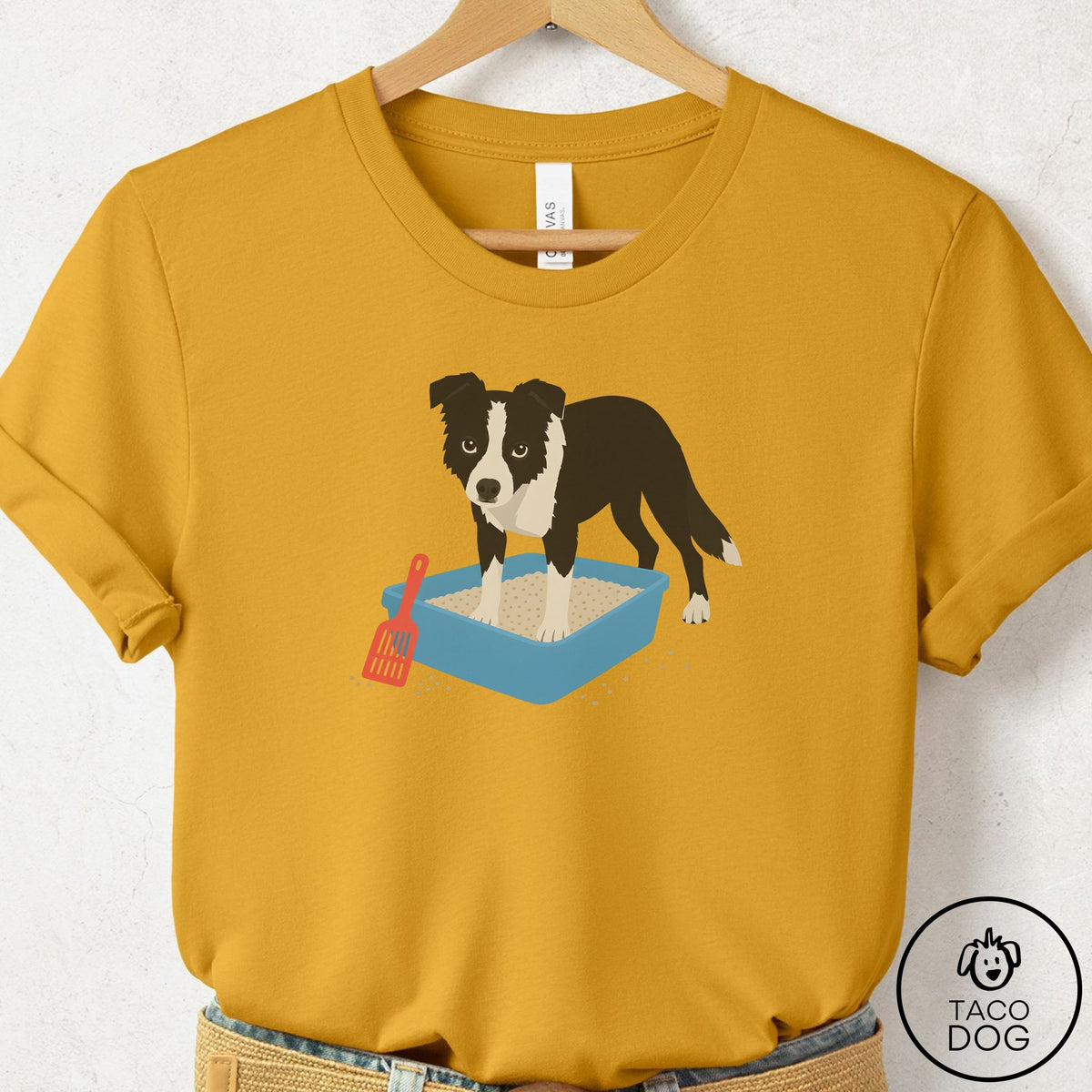 Border Collie Litter Box T-Shirt Mustard Taco-Dog
