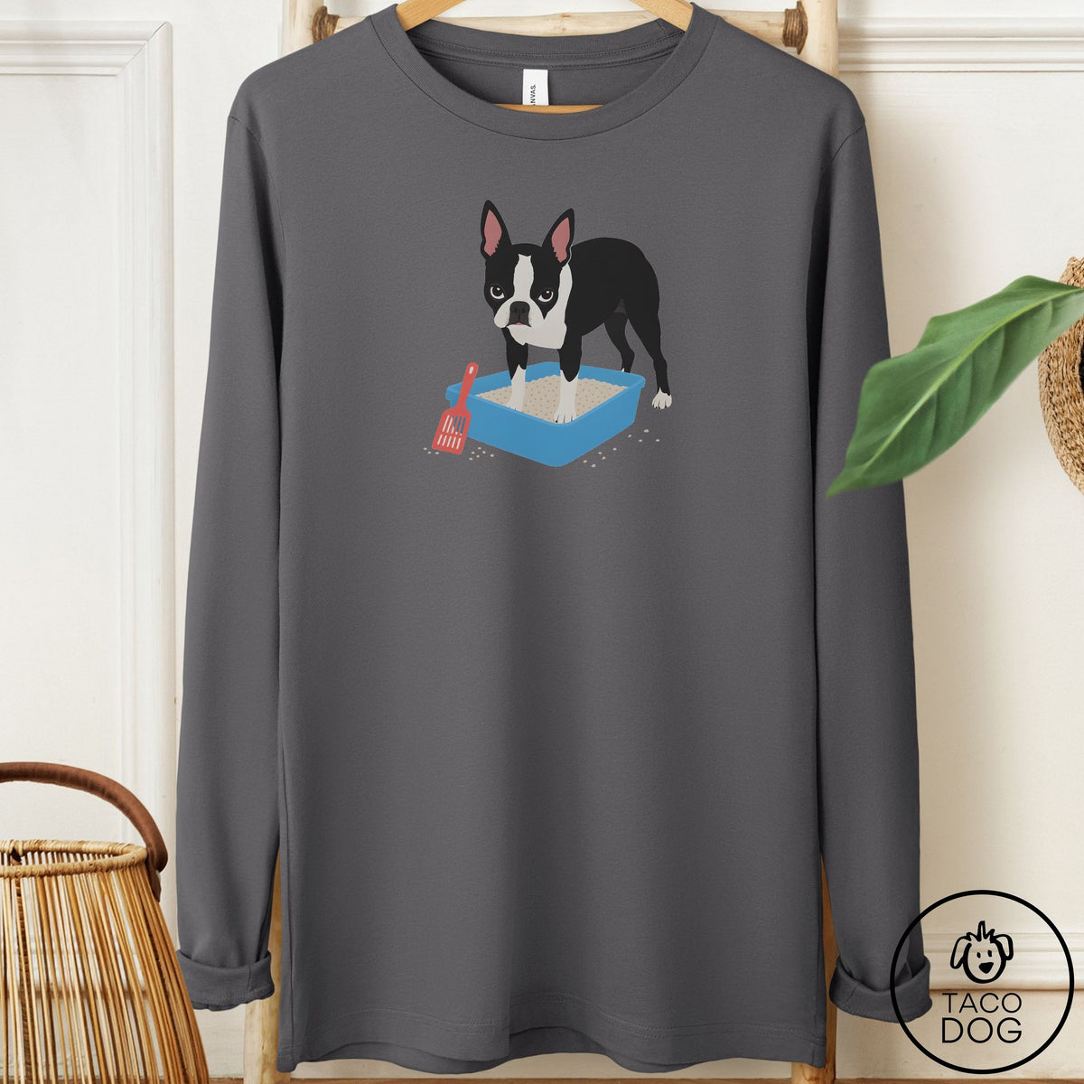 Boston Terrier Litter Box Long Sleeve Tee Asphalt Taco-Dog