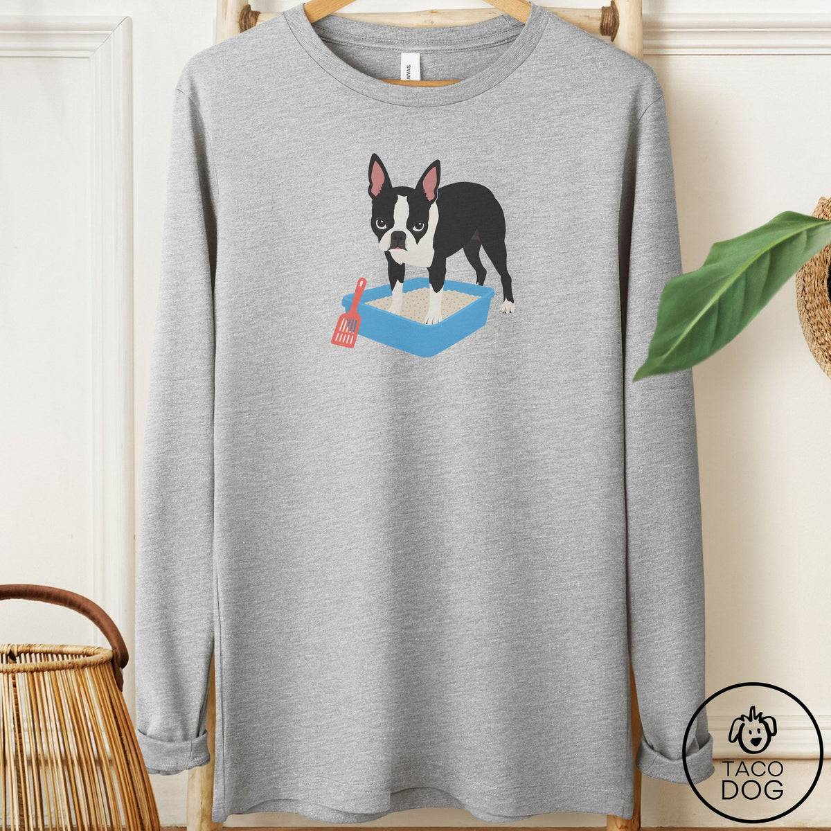Boston Terrier Litter Box Long Sleeve Tee Athletic Heather Taco-Dog