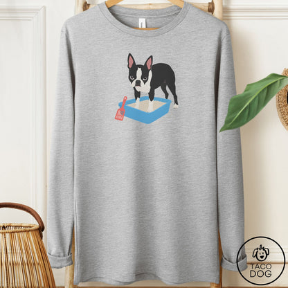Boston Terrier Litter Box Long Sleeve Tee Athletic Heather Taco-Dog