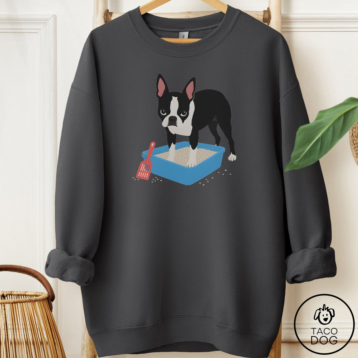Boston Terrier Litter Box Sweatshirt Charcoal Taco-Dog