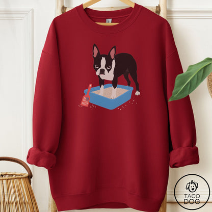 Boston Terrier Litter Box Sweatshirt Garnet Taco-Dog