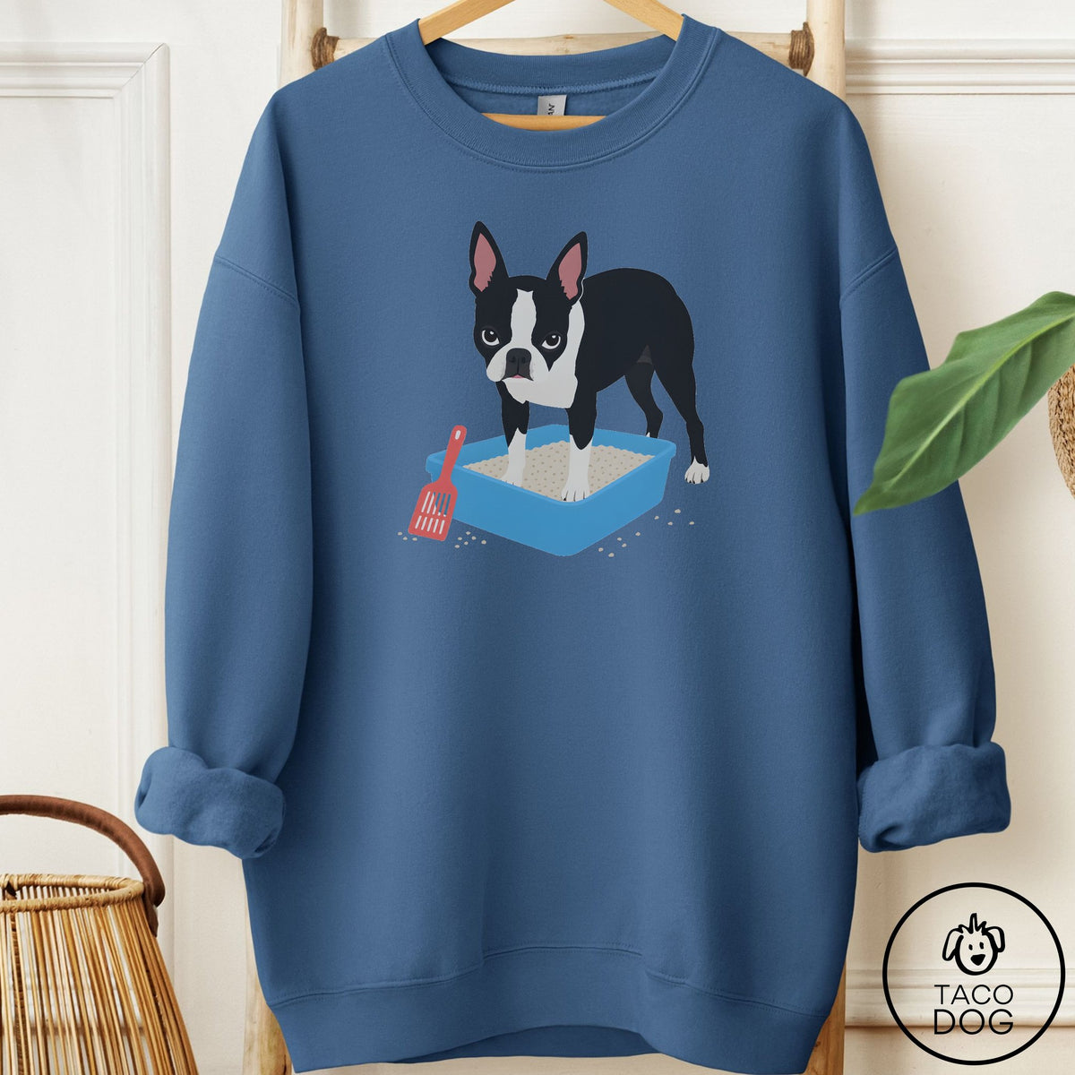 Boston Terrier Litter Box Sweatshirt Indigo Blue Taco-Dog