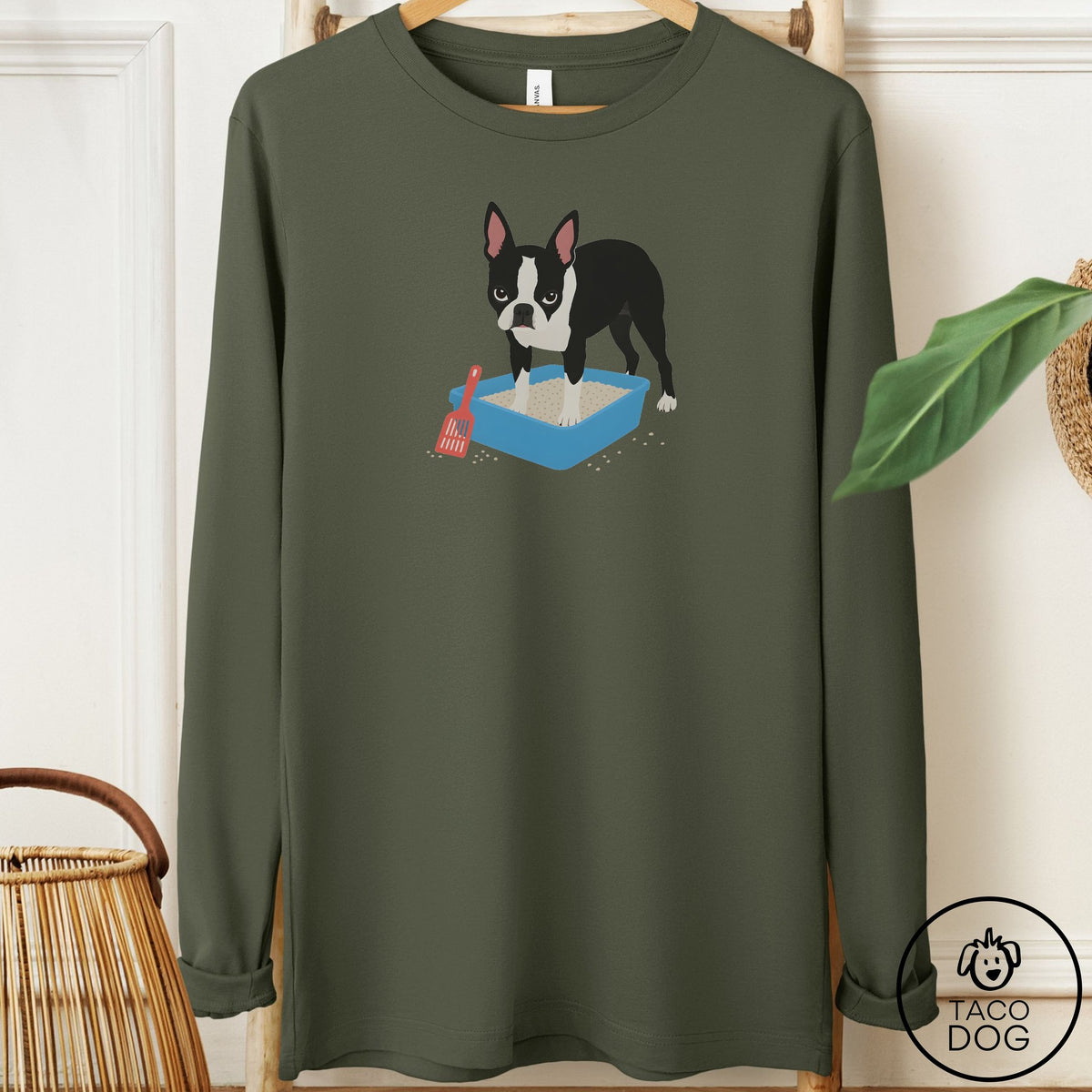 Boston Terrier Litter Box Long Sleeve Tee Military Green Taco-Dog