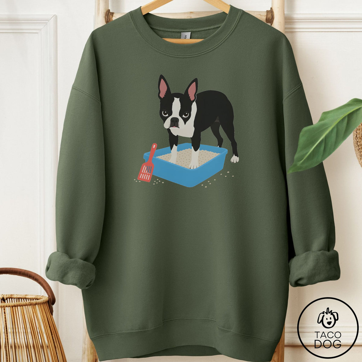 Boston Terrier Litter Box Sweatshirt Military Green Taco-Dog