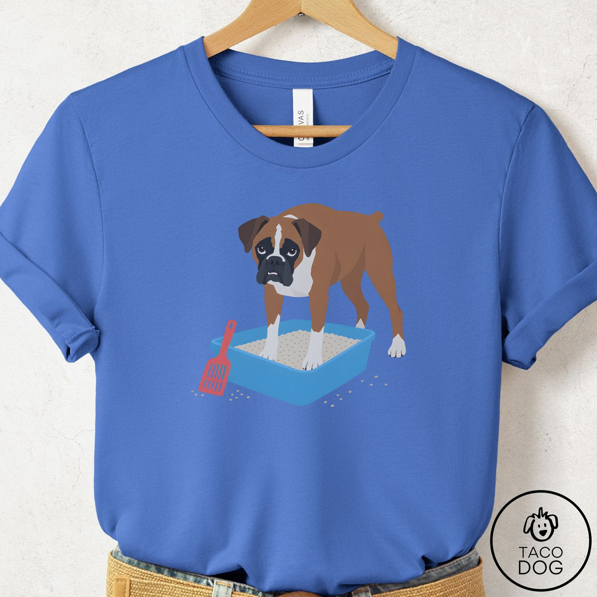 Boxer Litter Box T-Shirt Columbia Blue Taco-Dog