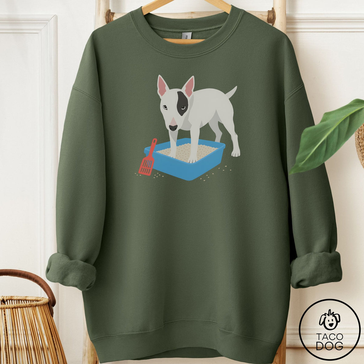 Bull Terrier Litter Box Sweatshirt Military Green Taco-Dog